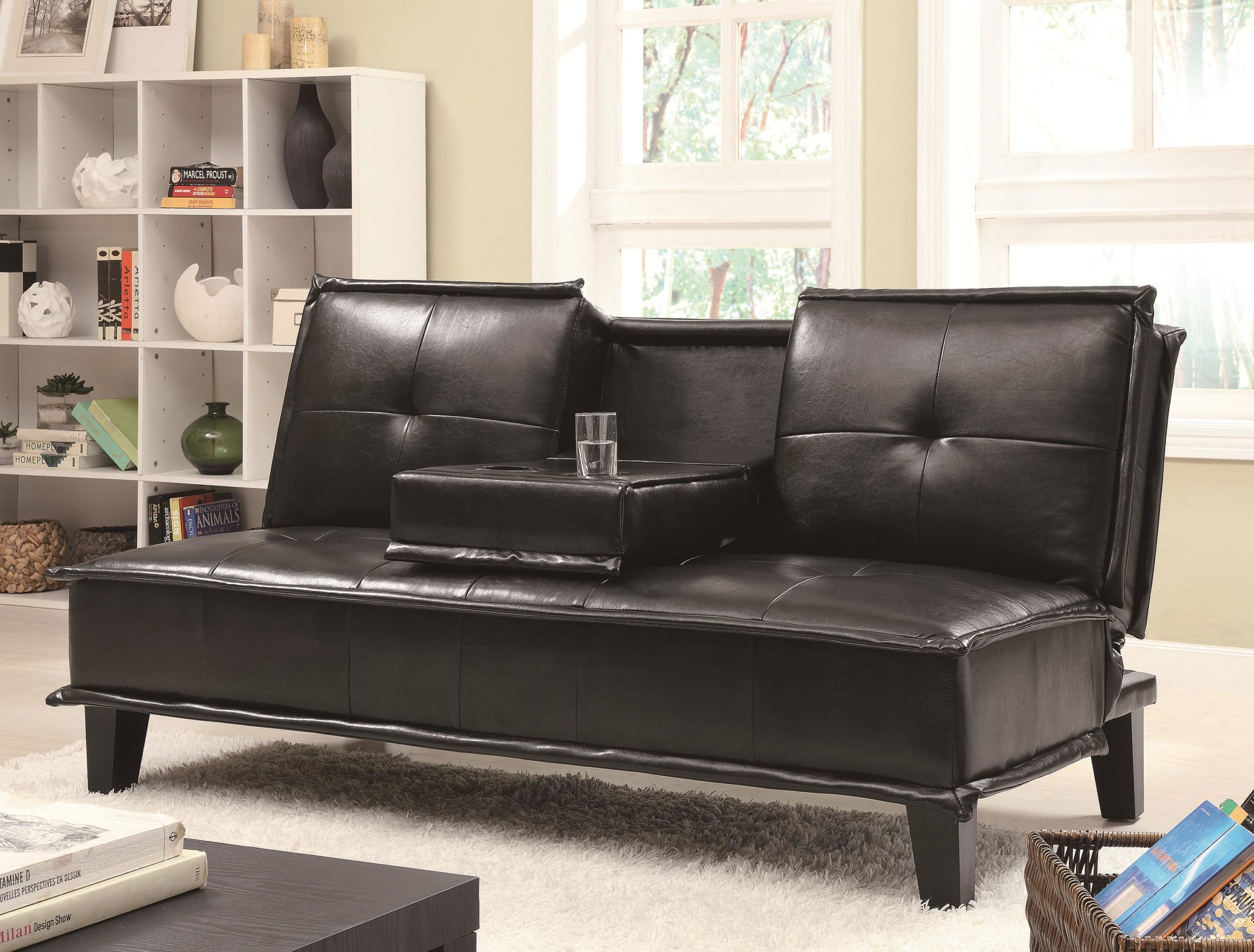 Contemporary Black Vinyl Sofa Bed with Drop Down Table