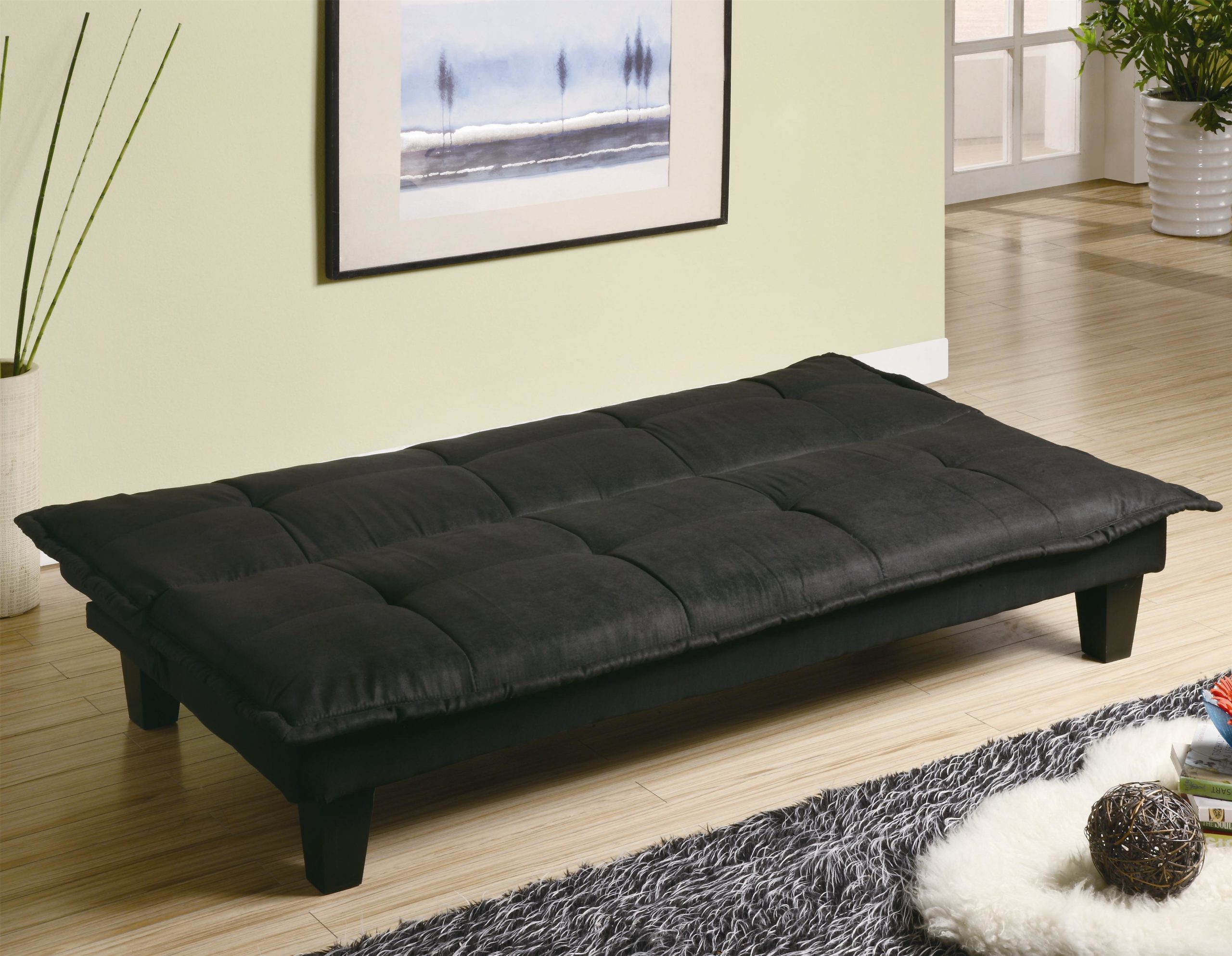 Black Casual Padded Convertible Sofa Bed in down position