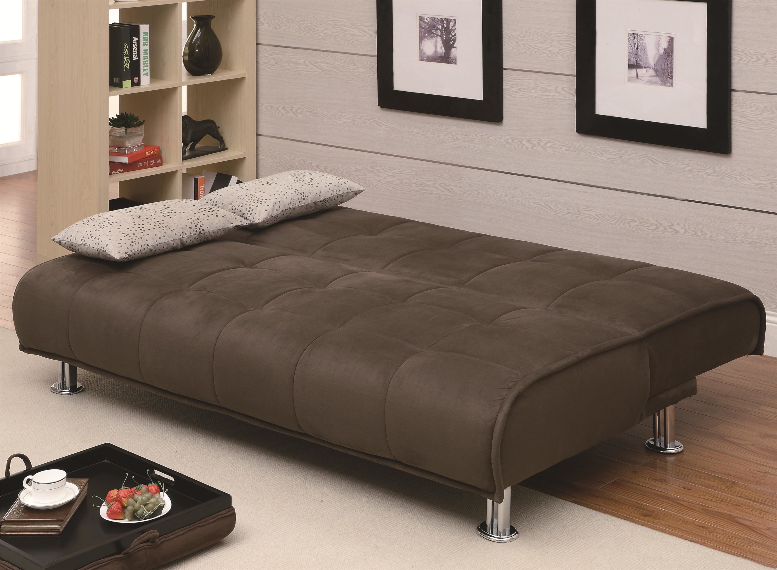 Brown Transitional Styled Sofa Sleeper Futon Bed in down position