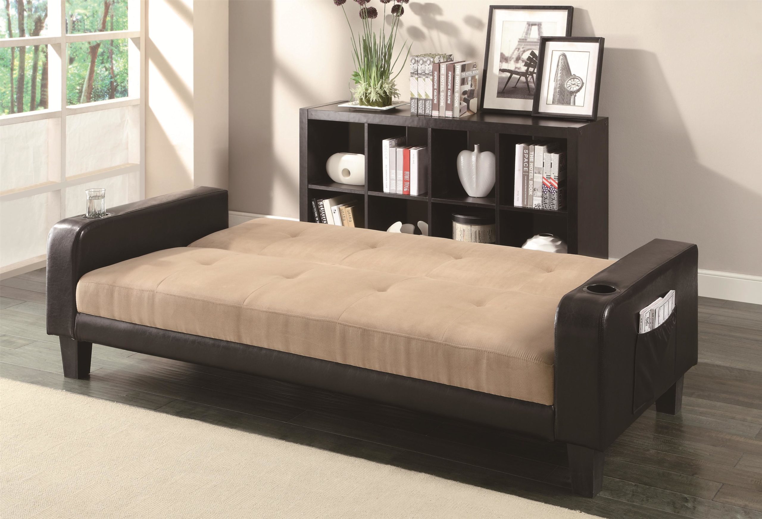 Contemporary Adjustable Sofa with Cup Holders and Magazine Storage Down Position