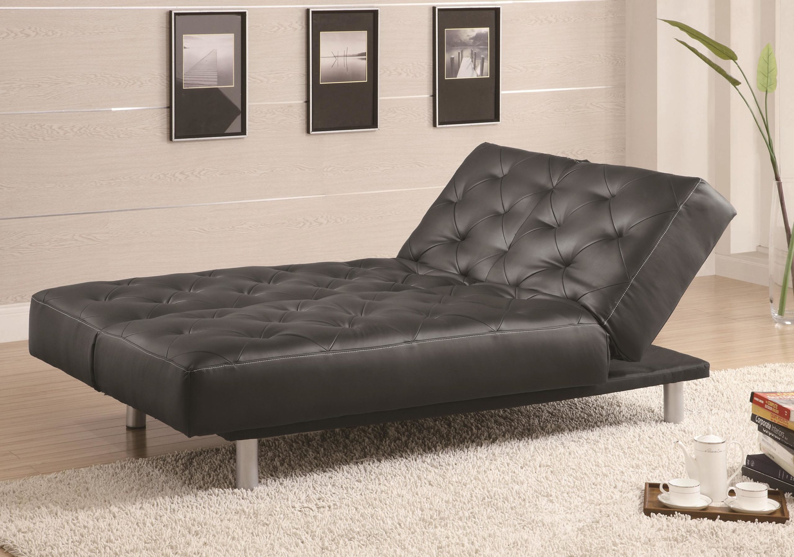 Brown Vinyl Tufted Sofa Bed in Pillow Up position
